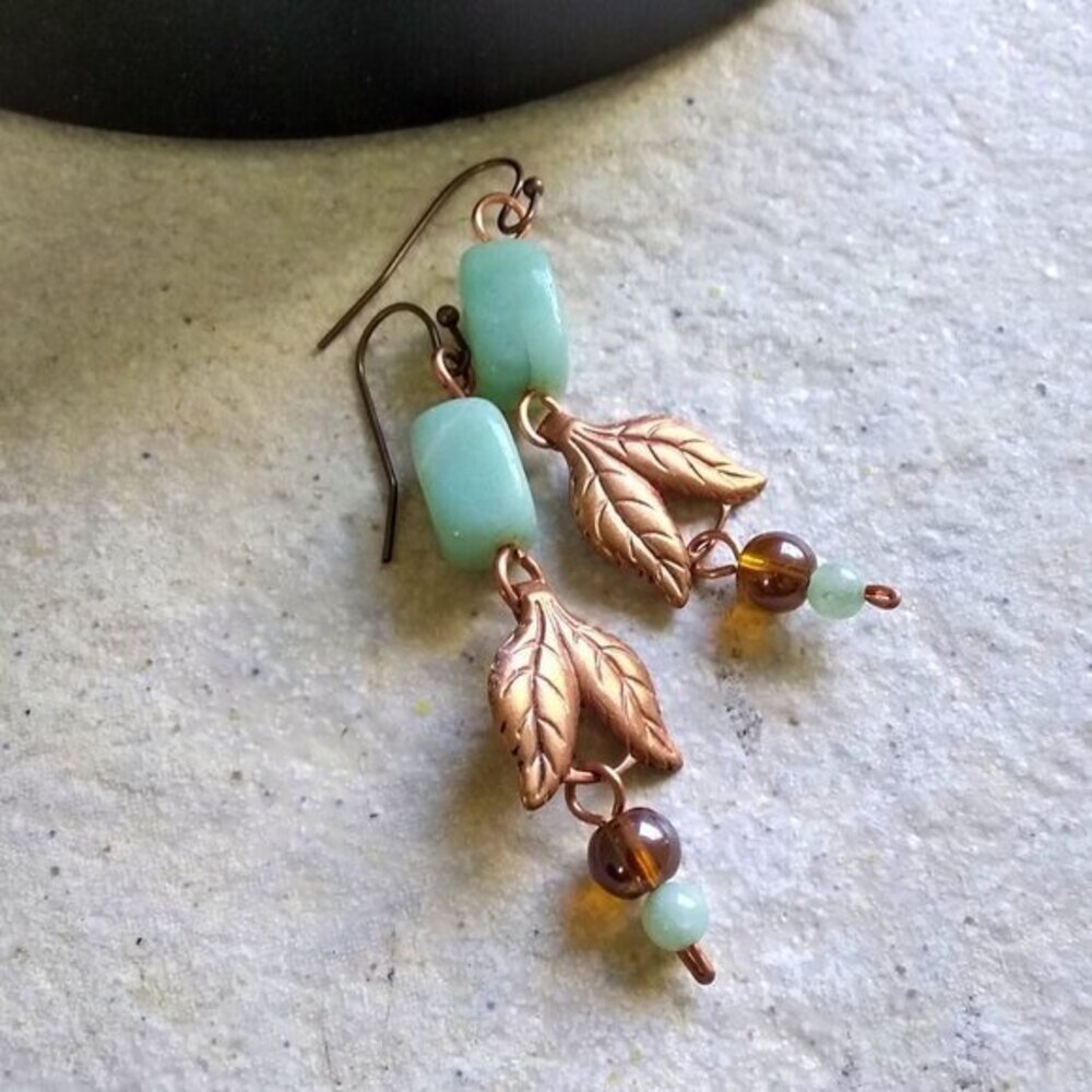 Handmade Copper Leaf + Green Aventurine Earrings! Fall Prosperity + Luck Jewelry - Picture 5 of 11